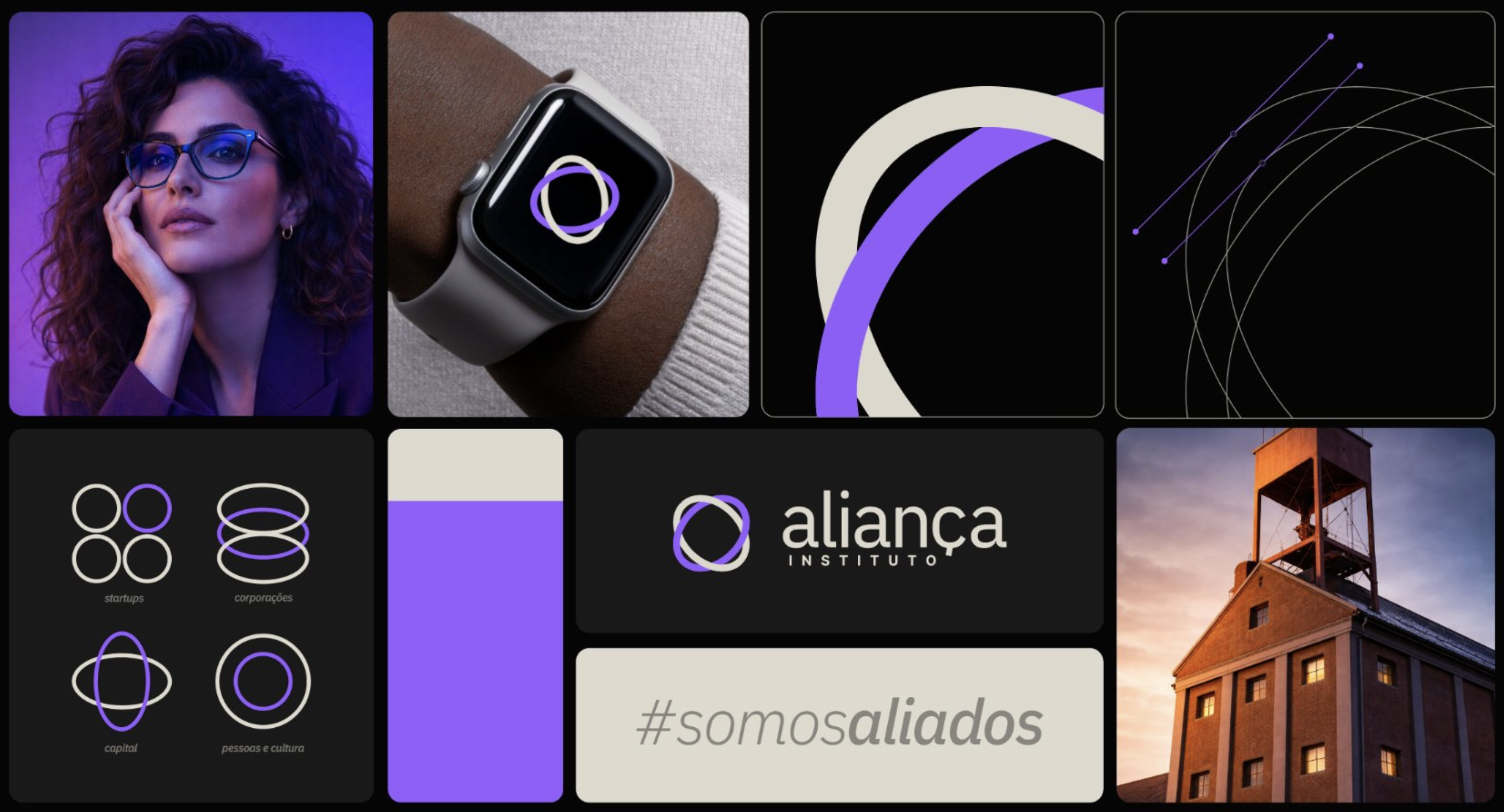 Sistema visual do Instituto Aliança: retrato, aplicação no relógio, símbolo, vocações, logotipo, #somosaliados e o moinho do Hub