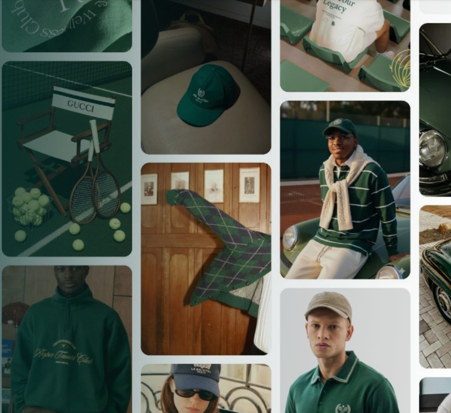 Moodboard de referências: quadras de tênis, clubes clássicos, malhas e bonés em verde