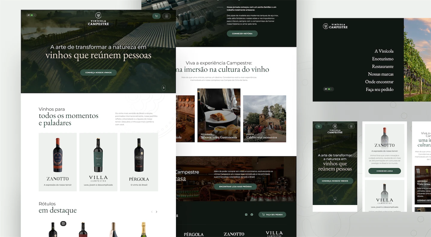 Home do novo site da Vinícola Campestre no desktop, no celular e no menu