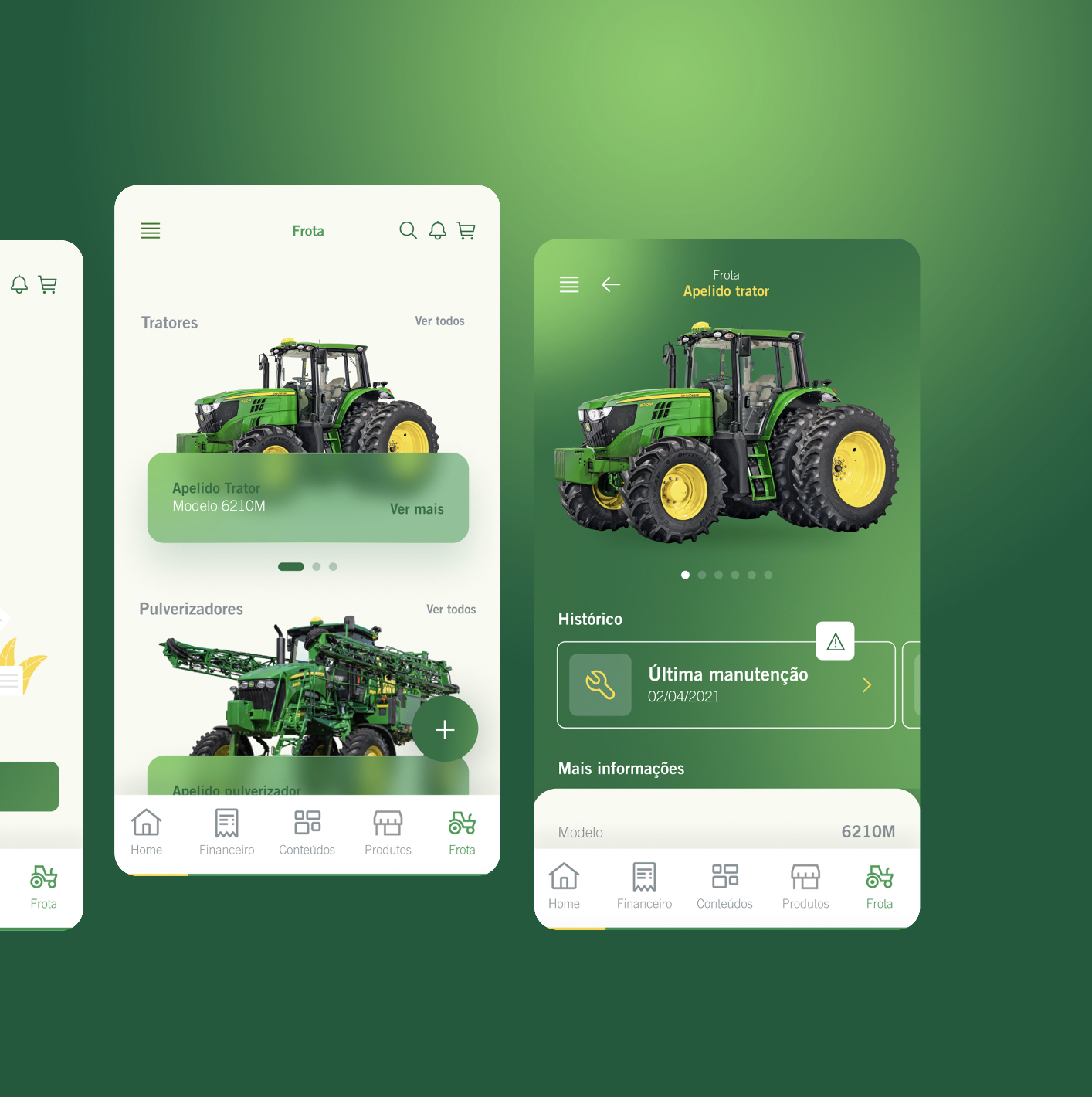Telas de frota e histórico de manutenção do app SLC Máquinas